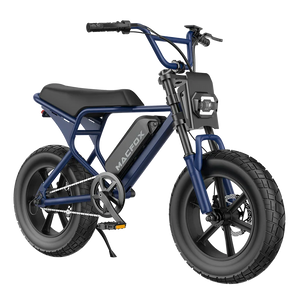 Navy blue Macfox M16 eBike side view with black tires and silver accents