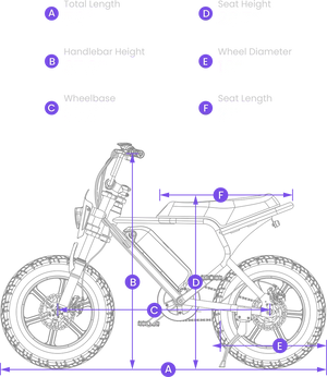 Alt text: Size guide chart for the Macfox M16 eBike, displaying frame dimensions, wheel size, seat height, and overall bike measurements.