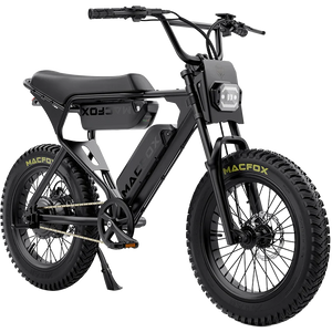 Side view of the Macfox X1S eBike with dual battery setup, showcasing its sturdy frame, large tires, and modern design against a plain background.
