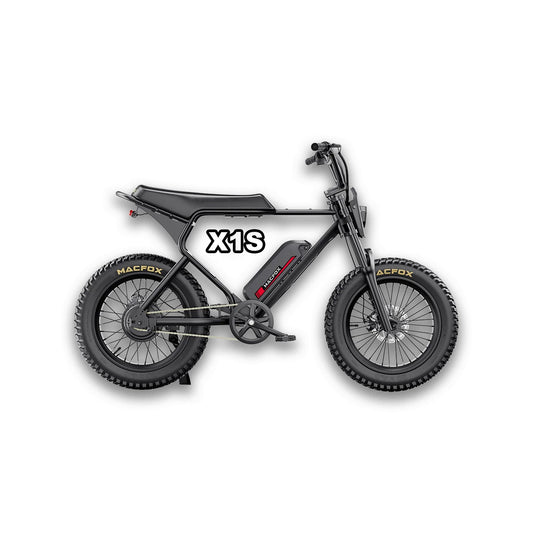 Black Macfox X1S electric bike side view, showcasing sleek frame design, thick tires, and integrated battery.