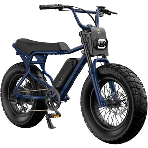 Navy blue Macfox X7 eBike, side view, isolated on a white background