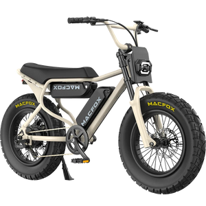 Desert beige Macfox X7 X7 Trim e-bike with dual battery, shown in a desert setting.