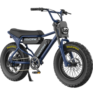 Navy blue Macfox X7 eBike with dual battery, side view, displayed against a white background.