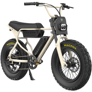 Desert beige Macfox X7/X7L ebike with dual battery trim, shown in a product image against a neutral background.