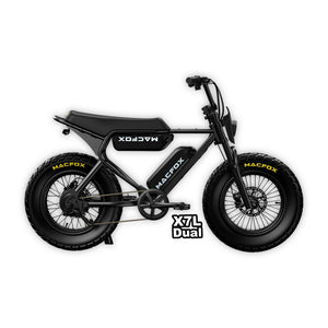 Black Macfox X7L eBike with dual battery, shown in box, product image for R2R Escondido, model number 810206240601