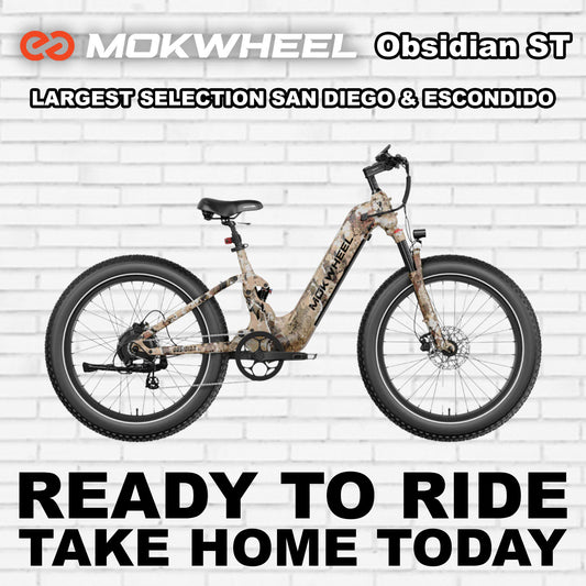 Mokwheel Obsidian ST eBike in Desert Camo color, side view, displayed against a neutral background