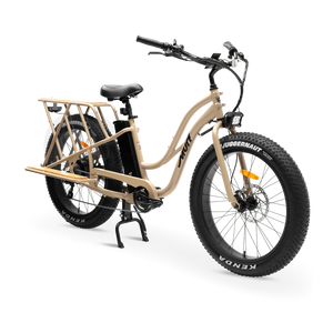 eBike MURF Alpha Cargo Fat Tire Beach Cruiser 52v in desert setting, side view, showcasing large tires and cargo rack