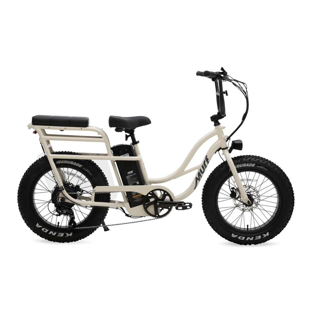 Side view of the Murf Higgs Plus eBike in Bone color, showcasing its sturdy frame, wide tires, and rear cargo rack.