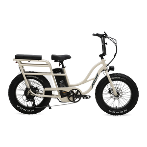 Side view of the Murf Higgs Plus eBike in Bone color, showcasing its sturdy frame, wide tires, and rear cargo rack.