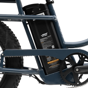 Side view of the Murf Higgs Plus eBike in matte black, showing its fat tires, step-through frame, and rear cargo rack against a plain background.