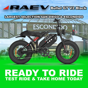 Raev Bullet GT V2 electric bike in metallic black, side view, photographed outdoors in Escondido