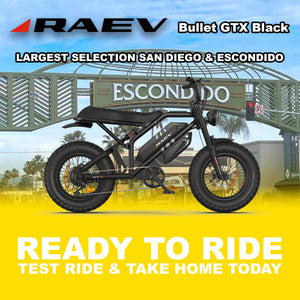 Raev Bullet GTX electric bike in metallic black, side view, photographed outdoors in Escondido