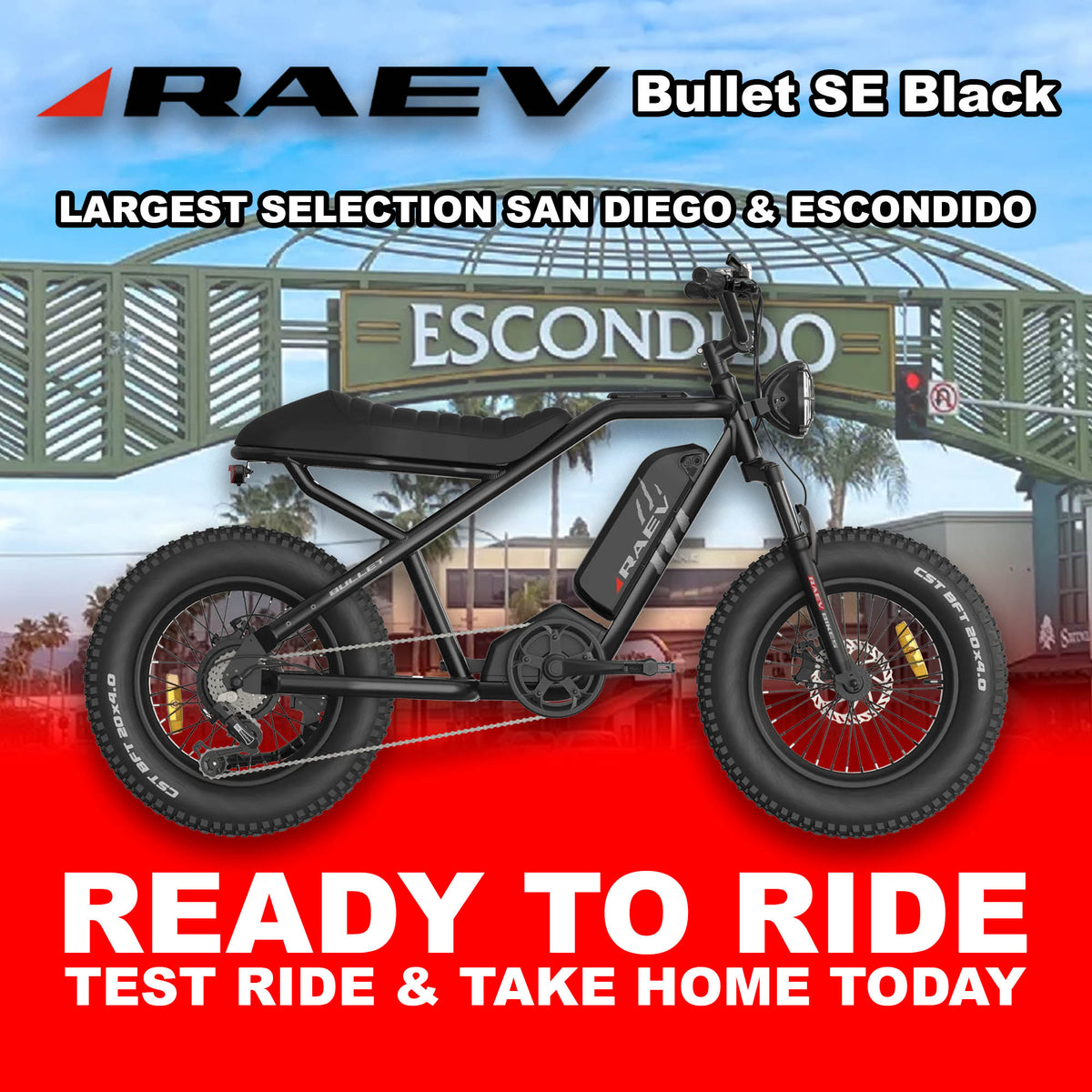 RAEV Bullet R2R electric bike in metallic black, side view, parked outdoors