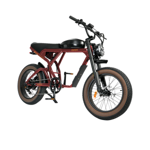 Red eBike Revi Cougar electric bicycle side view with black accents and thick tires