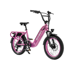 Pink eBike Revi Runabout.2 electric bicycle, side view, against a white background