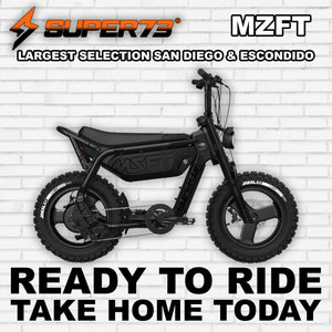 Super73 MZFT SE eBike in R2R Blackout color, side view, sleek black frame with thick tires and minimalist design
