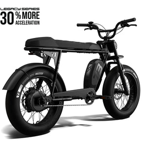 Side view of the Super73 S2 SE electric bike in black, showcasing its thick tires, elongated seat, and minimalist frame design against a plain background.