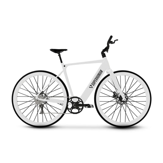 Electric bike, Superhuman Photon Pro model, in Arctic Glow color, side view, set against a white background, showcasing sleek frame and modern design.