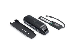 Macfox X1S M16 Dual Battery Upgrade Kit displayed with two batteries and connection cables on a white background.