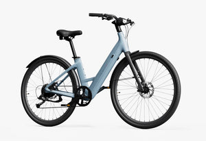 Urtopia Carbon 1 Step Thru eBike in Glacier Blue, side view, showcasing lightweight carbon frame and step-through design