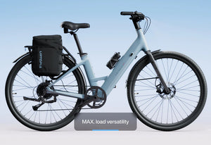 Urtopia Carbon 1 Step Thru eBike in Glacier Blue, side view showcasing lightweight carbon frame and step-through design
