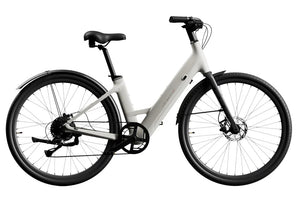 Urtopia Carbon 1 Step Thru eBike in creme color, side view, showcasing lightweight carbon frame and step-through design