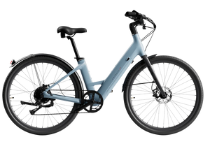 Urtopia Carbon Classic Step Thru eBike in Glacier Blue, side view, showcasing lightweight carbon frame and modern design