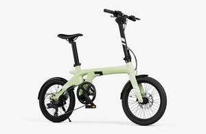 Lime green Urtopia Carbon Fold 1 eBike, side view, folded for compact storage, against a plain background.