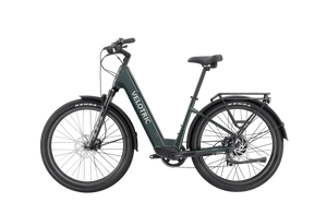 Velotric Discover 2 electric bike in Pine Green, side view, showcasing frame, wheels, and battery