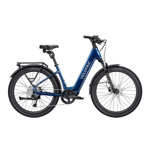 Velotric Discover 3 electric bike in Lemans Blue, side view, against a white background