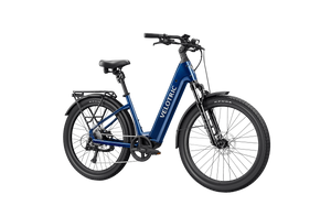 Velotric Discover 3 electric bike in Lemans Blue, side view, showcasing frame design and features