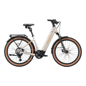 Platinum Silver Velotric Discover M eBike side view, showcasing step-through frame, front suspension fork, and rear rack
