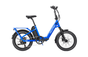 Electric blue Velotric Fold 1 Plus eBike, folded, side view, against a white background