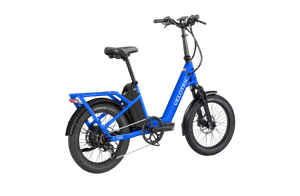 Electric blue Velotric Fold 1 Plus eBike, folded, side view, against a white background