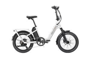 Pearl White Velotric Fold 1 Plus eBike, folded, side view, on white background
