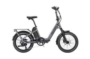 Velotric Fold 1 Plus eBike in Stone Gray, side view, folded compactly for portability