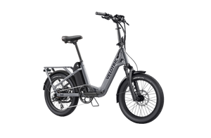 Velotric Fold 1 Plus eBike in Stone Gray, side view, folded for compact storage