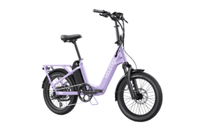 Velotric Fold 1 Plus electric bike in Violet Haze color, shown folded for compact storage