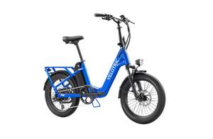 Electric blue Velotric Fold 1 eBike, folded for compact storage, shown against a plain background.