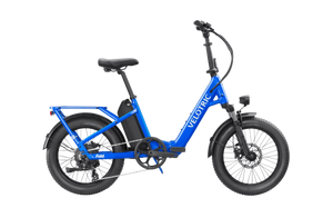 Electric blue Velotric Fold 1 eBike, compact folding design, side view, product image.