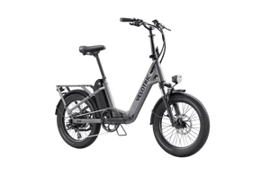 Velotric Fold 1 eBike in Stone Gray, folded for compact storage, side view on a white background