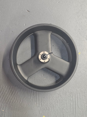 16-inch MZFT eBike front wheel with black spokes and silver hub, displayed against a white background