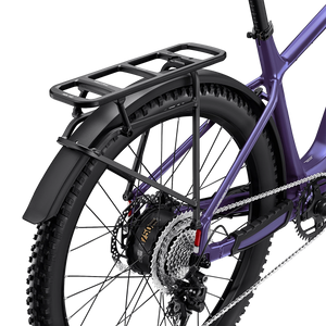 Velotric Summit 2 modular rear rack attached to an e-bike, showcasing its sturdy black metal frame and versatile mounting design.
