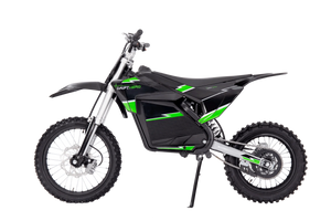 A black eMOTO eBike Drift Hero 5000w dirt bike with rugged tires, sturdy frame, and modern design, displayed on a plain background.