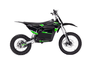 A black eMOTO eBike Drift Hero 5000w dirt bike with rugged tires, sturdy frame, and front suspension, displayed on a white background.