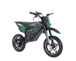 A black and red eMOTO eBike Drift Hero 800w dirt bike with rugged tires, sturdy frame, and electric motor, displayed on a white background.