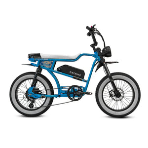 Blue eMOTO eBike Strike Panthro shown from a side angle with a wedge-shaped frame design.