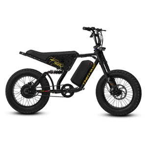Black and gold eMOTO eBike Strike Rhino AT7 electric bike, side view, on a white background
