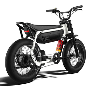 Super73 M1D SE eMOTO eBike in Baja color, shown inside its original packaging box with protective materials.