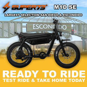 Black Super73 M1D SE eMOTO eBike, side view, ready to ride, against a plain background